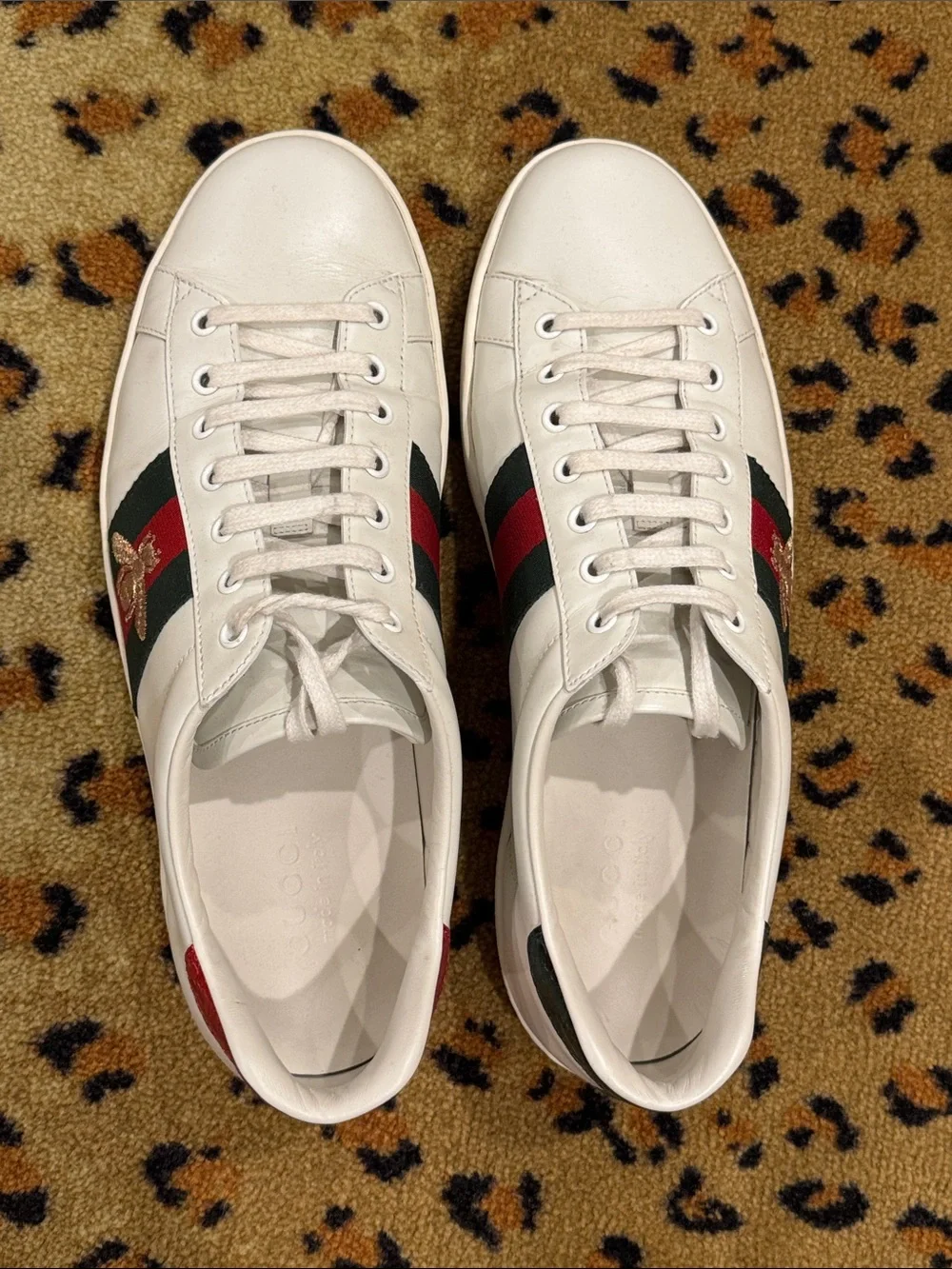 Gucci White Leather Sneakers with Red & Green Web and Gold Bee